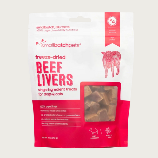Red & white bag of smallbatch freeze-dried beef livers treats for dogs and cats. There is a small, transparent window showing product inside. They are small brown rectangles.