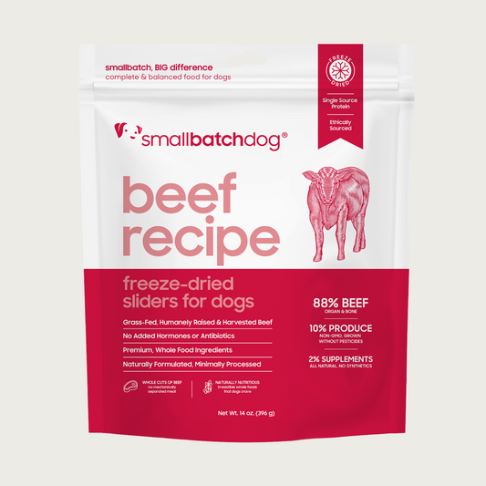 A red and white bag of Smallbatch beef batch recipe, freeze-dried raw dog food. This bag contains 14 ounces of food.