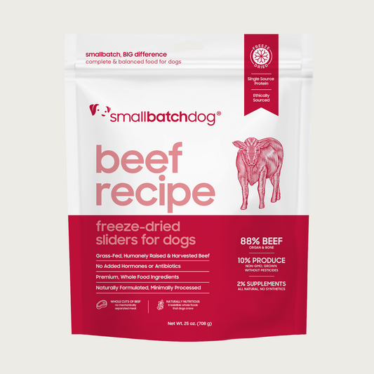 A red and white bag of Smallbatch beef batch recipe, freeze-dried raw dog food. This bag contains 25 ounces of food.