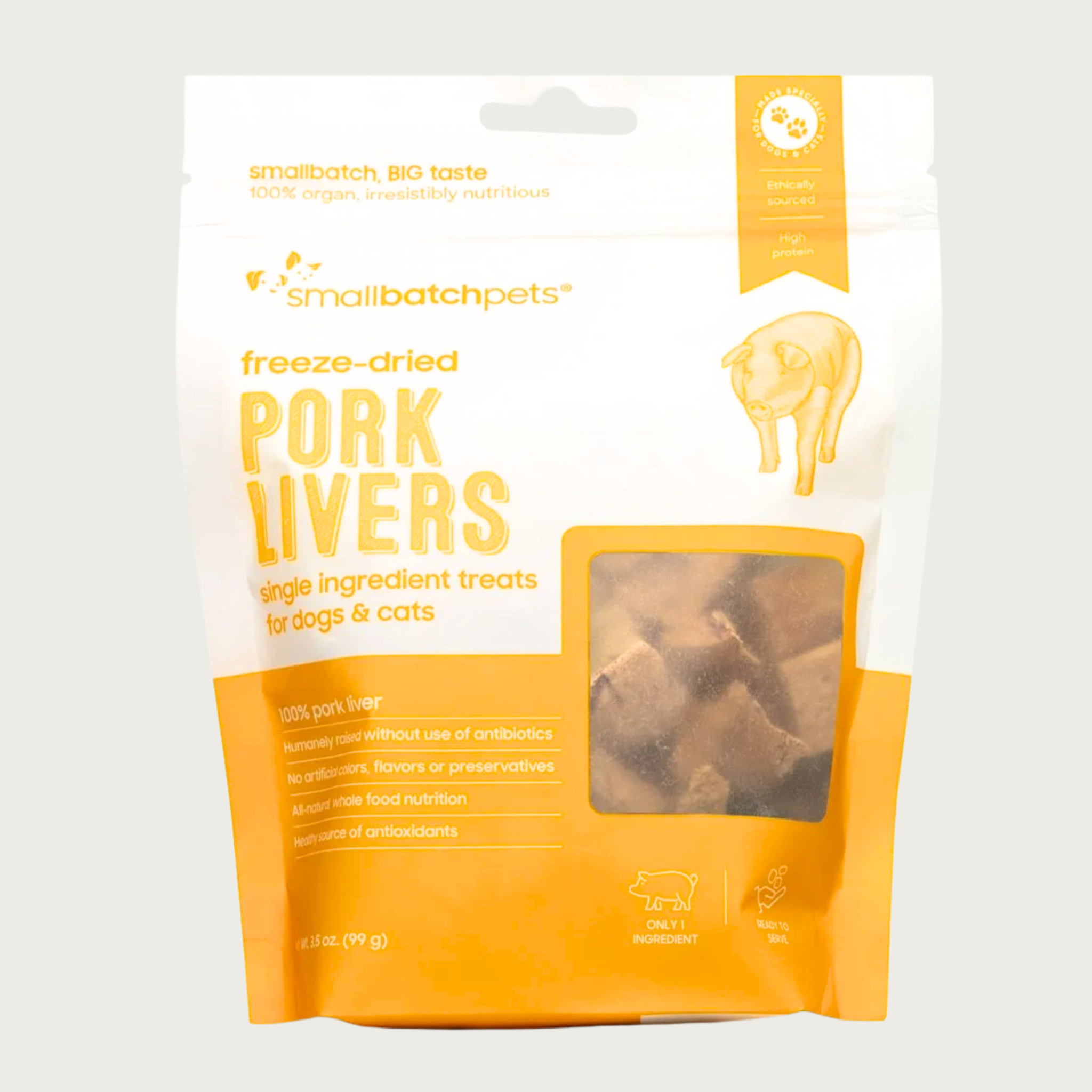 Yellow-orange & white bag of smallbatch freeze-dried pork livers treats for dogs and cats. There is a small, transparent window showing product inside. They are small brown pieces.