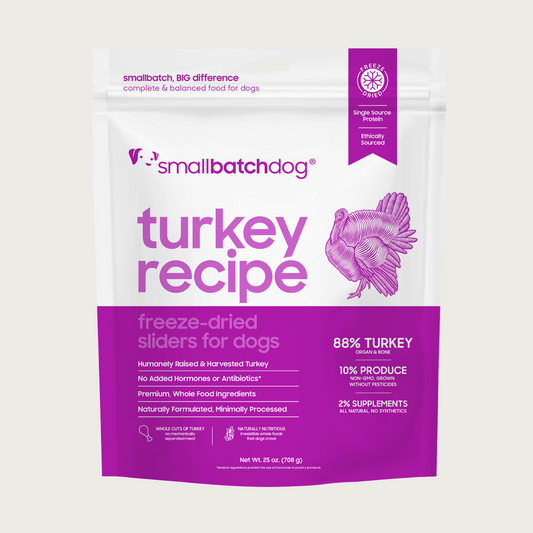 A purple and white bag of Smallbatch turkey batch recipe, freeze-dried raw dog food. This bag contains 25 ounces of food.