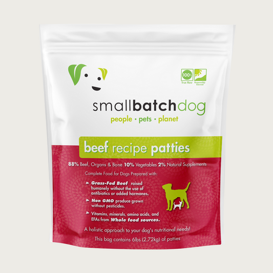A red and white bag of Smallbatch beef batch recipe, frozen raw dog food. This 6 pound bag contains 12 patties.