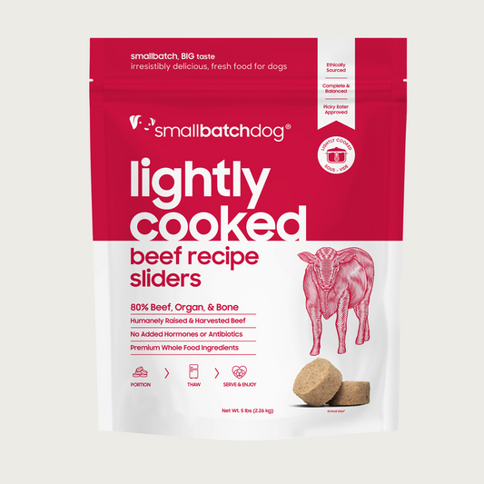A red and white, 5 pound bag of frozen Smallbatch beef batch recipe sliders, lightly cooked dog food.