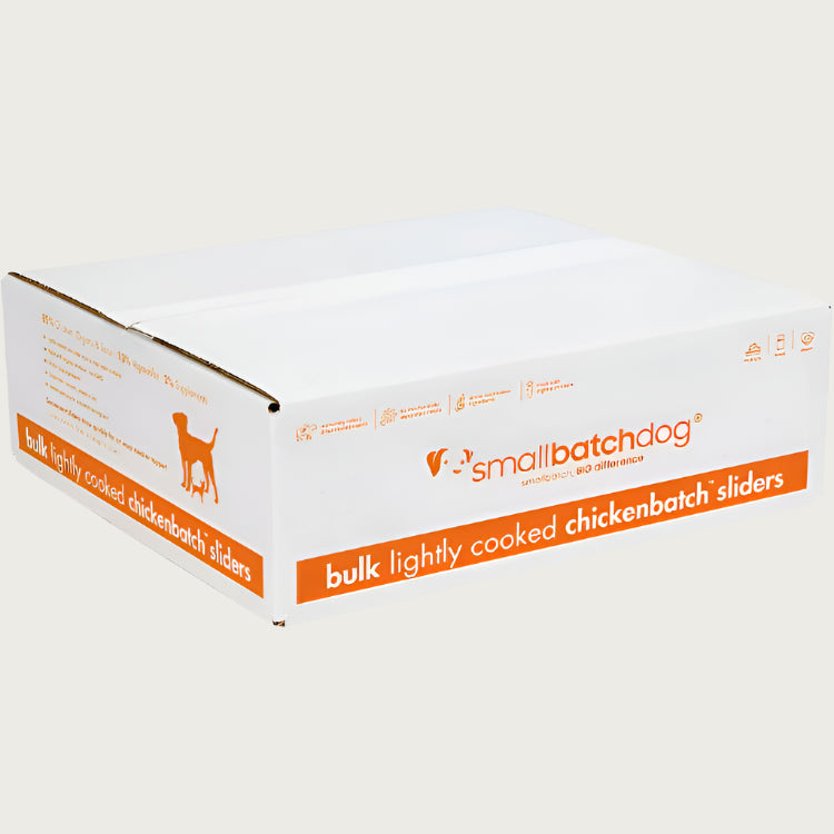 An orange and white, 10 pound bulk box of frozen Smallbatch chicken batch recipe sliders, lightly cooked dog food.