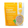 A yellow and white, 7 ounce bag of Smallbatch Super Booster freeze-dried raw pork bites recipe for dogs and cats. Can be used as a meal topper or treat. The bag has a small, clear window showing bite-sized treat pieces, about 1/2" to 1" long.