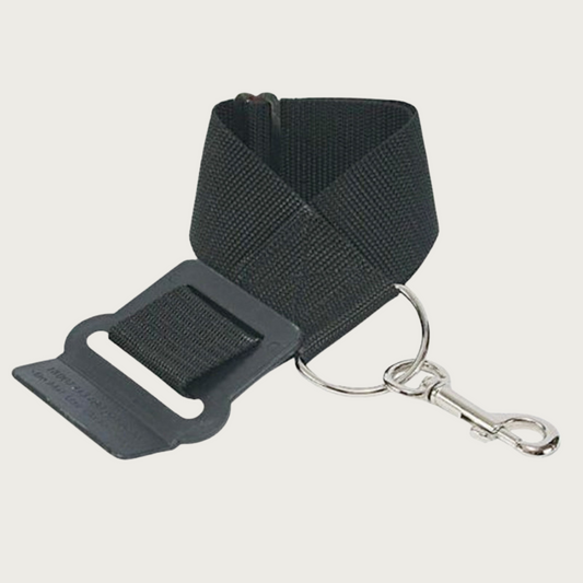 Black dog seat belt with silver clip on one end and plastic clip with opening on the other (for car's seat belt to fasten through).