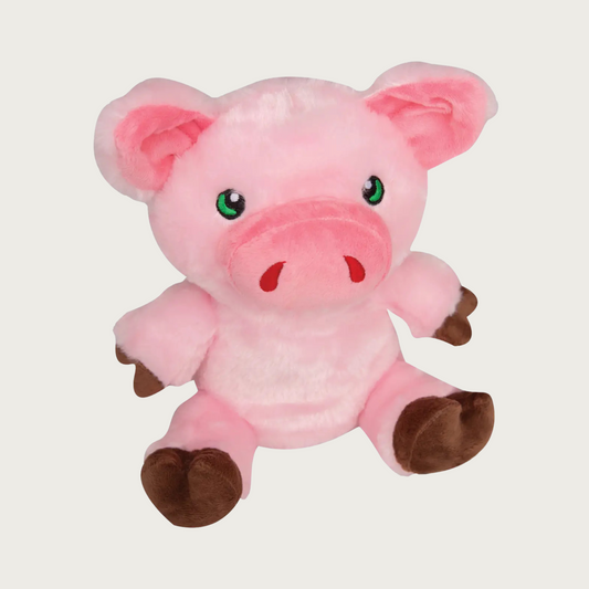 Pink plush pig dog toy with brown feet and embroidered facial details. 