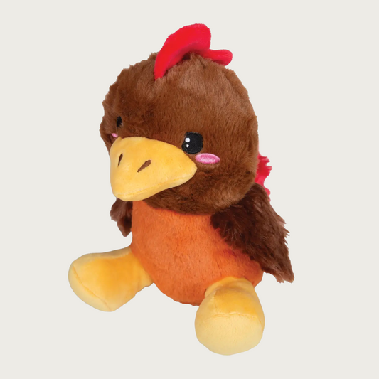 Plush dog toy shaped like a rooster. It has an orange body, brown head & wings, yellow beak & legs, and red comb on its head. Features embroidered facial details.