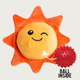 Load image into Gallery viewer, Image of sunshine toy next to a red spiky ball. The spiky ball is inside the sun's body, and only visible if a dog tears off the cover.
