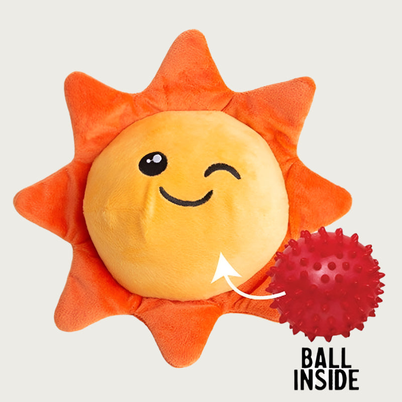 Image of sunshine toy next to a red spiky ball. The spiky ball is inside the sun's body, and only visible if a dog tears off the cover.