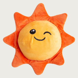 Plush sun-shaped dog toy. Round body is a light orange color with embroidered winking smile. Rays are a bright orange color, bordering the entire body.
