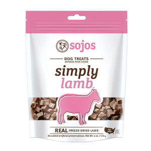A 4 oz white and pink bag of Sojos Simply Lamb Dog Treats. Made with real freeze-dried lamb. No added artificial preservatives. See-through window at the bottom of the bag shows product inside - very small, cube shaped brown treats.