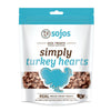 A 4 oz white and teal blue bag of Sojos Simply Turkey Hearts Dog Treats. No added artificial preservatives. See-through window at the bottom of the bag shows product inside - very small, cube shaped brown treats.