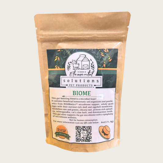 Brown resealable paper bag of 'Biome' herbal supplement by Solutions Pet Products.