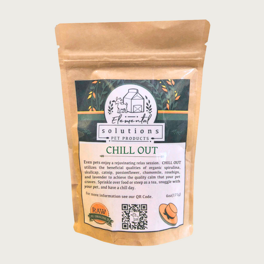 Brown resealable paper bag of 'Chill Out' herbal supplement by Solutions Pet Products. Text on front reads: Even pets enjoy a rejuvenating relax session. CHILL OUT utilizes the beneficial qualities of organic herbs to achieve the quality  calm that your pet craves. Sprinkle over food or steep as a tea, snuggle with your pet, and have a chill day.
