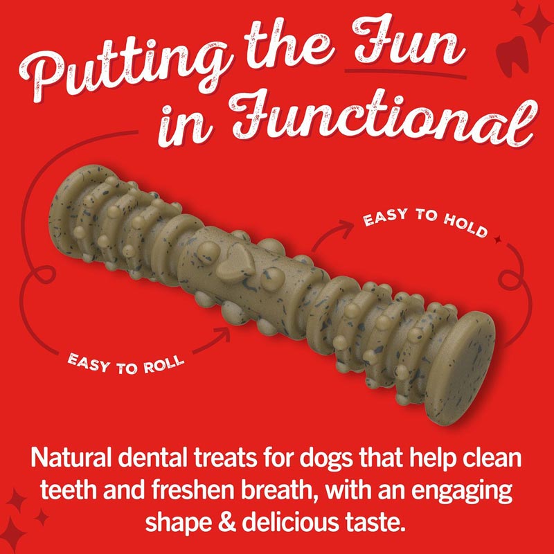 Close-up photo of one brownish-colored treat is in the center on a red background; it looks like a narrow stick-like hourglass with ridges and bumps. Text says "Putting the fun in functional"; easy to roll and easy to hold. Natural dental treats for dogs that help clean teeth and freshen breath, with an engaging shape & delicious taste.