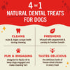 Text-only image, headline reads "4 in 1 Natural Dental Treats for Dogs". Text beneath reads: Cleans-nubs & ridges scrape teeth during chewing; Freshens-infused with peppermint & parsley to freshen breath; Fun & Engaging-designed to flip & roll to keep dogs engaged and make cleaning fun; Tastes Delicious-the delicious taste of freeze-dried chicken in every treat.
