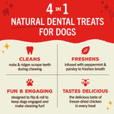 Text-only image, headline reads "4 in 1 Natural Dental Treats for Dogs". Text beneath reads: Cleans-nubs & ridges scrape teeth during chewing; Freshens-infused with peppermint & parsley to freshen breath; Fun & Engaging-designed to flip & roll to keep dogs engaged and make cleaning fun; Tastes Delicious-the delicious taste of freeze-dried chicken in every treat.