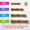 A visual comparison of all 4 sizes of Dental Delights, laid side by side, in relation to a quarter for scale.