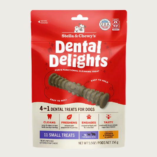 5.5 oz bag of Stella & Chewy's Dental Delights, 4-in-1 Dental Treats for Dogs. Cleans, Freshens, Engages, Tasty. Contains 11 Small treats for dogs between 16-25 lbs. Photo of one treat is in the center; it looks like a narrow stick-like hourglass with ridges and bumps.
