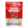 5.5 oz bag of Stella & Chewy's Dental Delights, 4-in-1 Dental Treats for Dogs. Cleans, Freshens, Engages, Tasty. Contains 11 Small treats for dogs between 16-25 lbs. Photo of one treat is in the center; it looks like a narrow stick-like hourglass with ridges and bumps.