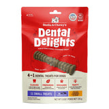 5.5 oz bag of Stella & Chewy's Dental Delights, 4-in-1 Dental Treats for Dogs. Cleans, Freshens, Engages, Tasty. Contains 11 Small treats for dogs between 16-25 lbs. Photo of one treat is in the center; it looks like a narrow stick-like hourglass with ridges and bumps.