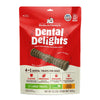 23.2 oz bag of Stella & Chewy's Dental Delights, 4-in-1 Dental Treats for Dogs. Cleans, Freshens, Engages, Tasty. Contains 17 Large treats for dogs weighing 51+ lbs. Photo of one treat is in the center; it looks like a narrow stick-like hourglass with ridges and bumps.