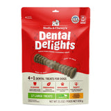 23.2 oz bag of Stella & Chewy's Dental Delights, 4-in-1 Dental Treats for Dogs. Cleans, Freshens, Engages, Tasty. Contains 17 Large treats for dogs weighing 51+ lbs. Photo of one treat is in the center; it looks like a narrow stick-like hourglass with ridges and bumps.