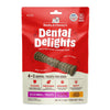 5.5 oz bag of Stella & Chewy's Dental Delights, 4-in-1 Dental Treats for Dogs. Cleans, Freshens, Engages, Tasty. Contains 23 X-Small treats for dogs between 5-15 lbs. Photo of one treat is in the center; it looks like a narrow stick-like hourglass with ridges and bumps.