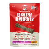 5.5 oz bag of Stella & Chewy's Dental Delights, 4-in-1 Dental Treats for Dogs. Cleans, Freshens, Engages, Tasty. Contains 23 X-Small treats for dogs between 5-15 lbs. Photo of one treat is in the center; it looks like a narrow stick-like hourglass with ridges and bumps.