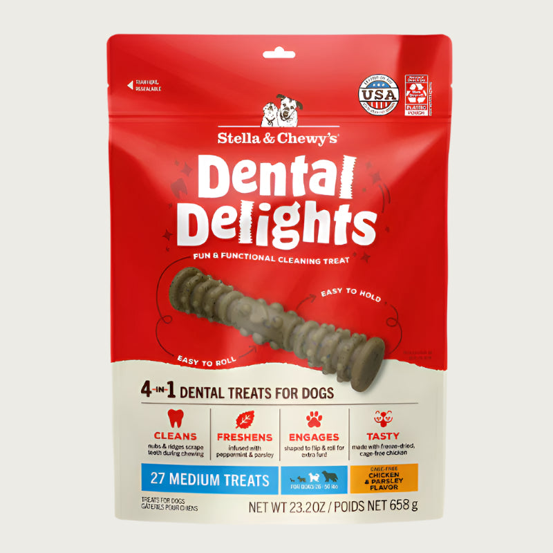 23.2 oz bag of Stella & Chewy's Dental Delights, 4-in-1 Dental Treats for Dogs. Cleans, Freshens, Engages, Tasty. Contains 27 Medium treats for dogs between 26-50 lbs. Photo of one treat is in the center; it looks like a narrow stick-like hourglass with ridges and bumps.
