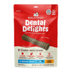 23.2 oz bag of Stella & Chewy's Dental Delights, 4-in-1 Dental Treats for Dogs. Cleans, Freshens, Engages, Tasty. Contains 27 Medium treats for dogs between 26-50 lbs. Photo of one treat is in the center; it looks like a narrow stick-like hourglass with ridges and bumps.