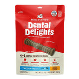 23.2 oz bag of Stella & Chewy's Dental Delights, 4-in-1 Dental Treats for Dogs. Cleans, Freshens, Engages, Tasty. Contains 27 Medium treats for dogs between 26-50 lbs. Photo of one treat is in the center; it looks like a narrow stick-like hourglass with ridges and bumps.