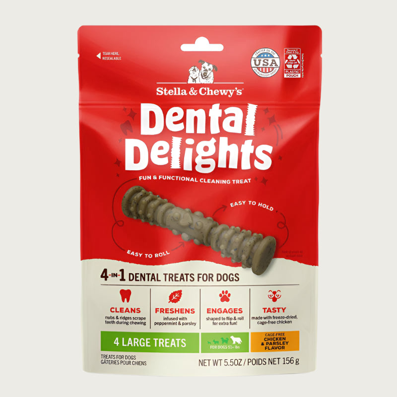 5.5 oz bag of Stella & Chewy's Dental Delights, 4-in-1 Dental Treats for Dogs. Cleans, Freshens, Engages, Tasty. Contains 4 Large treats for dogs weighing 51+ lbs. Photo of one treat is in the center; it looks like a narrow stick-like hourglass with ridges and bumps.