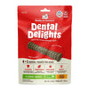 5.5 oz bag of Stella & Chewy's Dental Delights, 4-in-1 Dental Treats for Dogs. Cleans, Freshens, Engages, Tasty. Contains 4 Large treats for dogs weighing 51+ lbs. Photo of one treat is in the center; it looks like a narrow stick-like hourglass with ridges and bumps.