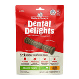 5.5 oz bag of Stella & Chewy's Dental Delights, 4-in-1 Dental Treats for Dogs. Cleans, Freshens, Engages, Tasty. Contains 4 Large treats for dogs weighing 51+ lbs. Photo of one treat is in the center; it looks like a narrow stick-like hourglass with ridges and bumps.