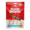 5.5 oz bag of Stella & Chewy's Dental Delights, 4-in-1 Dental Treats for Dogs. Cleans, Freshens, Engages, Tasty. Contains 7 Medium treats for dogs between 26-50 lbs. Photo of one treat is in the center; it looks like a narrow stick-like hourglass with ridges and bumps.