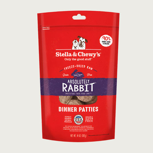 14 oz red bag of Stella & Chewy's "Only the good stuff" Absolutely Rabbit Dinner Patties. Additional text: 90% rabbit, organs & bone, freeze-dried raw, grain free, farm-raised.
