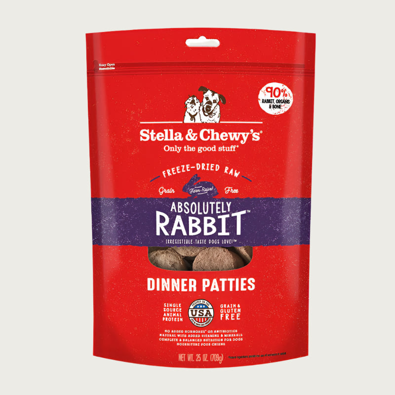 25 oz red bag of Stella & Chewy's "Only the good stuff" Absolutely Rabbit Dinner Patties. Additional text: 90% rabbit, organs & bone, freeze-dried raw, grain free, farm-raised.