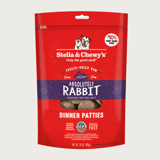 25 oz red bag of Stella & Chewy's "Only the good stuff" Absolutely Rabbit Dinner Patties. Additional text: 90% rabbit, organs & bone, freeze-dried raw, grain free, farm-raised.