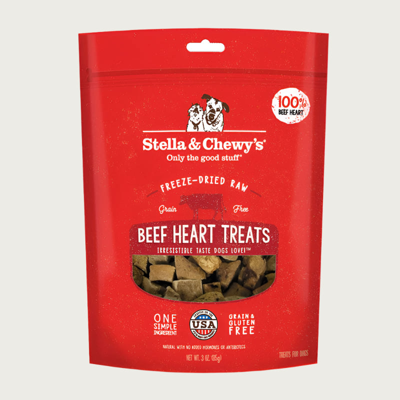3 oz red bag of Stella & Chewy's Freeze-Dried Raw, Grain Free Beef Heart Treats. One simple ingredient; 100% beef heart. Grain & gluten free.