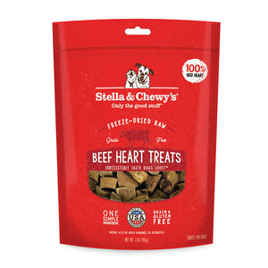 3 oz red bag of Stella & Chewy's Freeze-Dried Raw, Grain Free Beef Heart Treats. One simple ingredient; 100% beef heart. Grain & gluten free.