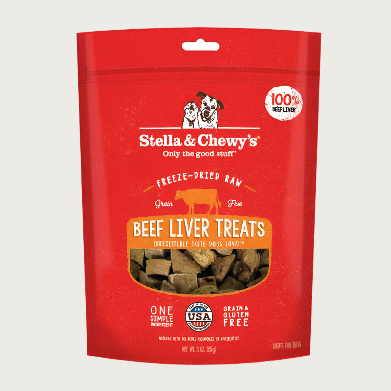 3 oz red bag of Stella & Chewy's Freeze-Dried Raw, Grain Free Beef Liver Treats. One simple ingredient; 100% beef liver. Grain & gluten free.
