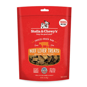 3 oz red bag of Stella & Chewy's Freeze-Dried Raw, Grain Free Beef Liver Treats. One simple ingredient; 100% beef liver. Grain & gluten free.