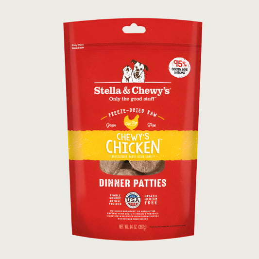 14 oz red bag of Stella & Chewy's "Only the good stuff" Chewy's Chicken Dinner Patties. Additional text: 95% chicken, organs & bone, freeze-dried raw, grain free, cage-free, single source animal protein.