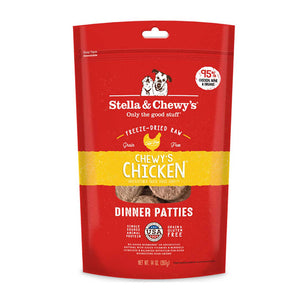 14 oz red bag of Stella & Chewy's "Only the good stuff" Chewy's Chicken Dinner Patties. Additional text: 95% chicken, organs & bone, freeze-dried raw, grain free, cage-free, single source animal protein.