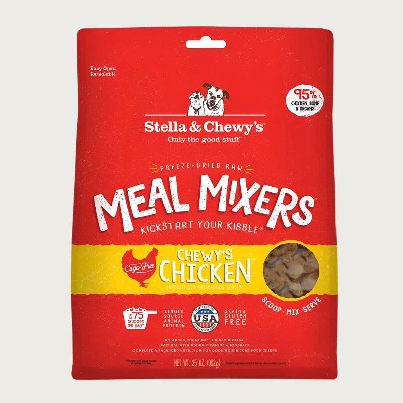 35 oz red bag of Stella & Chewy's "Only the good stuff" Freeze-Dried Raw Meal Mixers "Kickstart Your Kibble" Chewy's Chicken recipe for dogs. Additional text: 95% chicken, organs & bone, grain free, cage-free, single source animal protein.