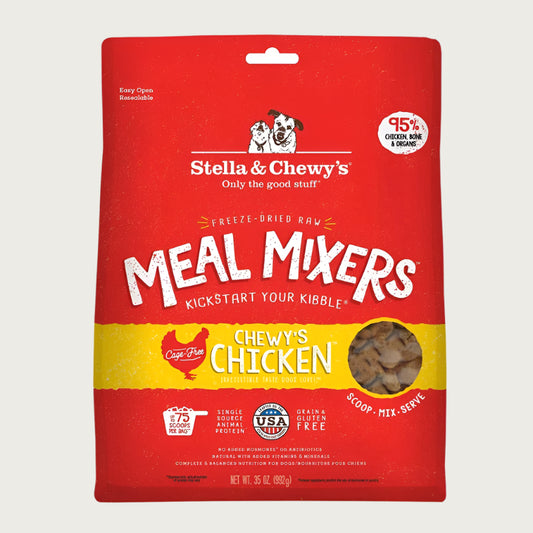 35 oz red bag of Stella & Chewy's "Only the good stuff" Freeze-Dried Raw Meal Mixers "Kickstart Your Kibble" Chewy's Chicken recipe for dogs. Additional text: 95% chicken, organs & bone, grain free, cage-free, single source animal protein.