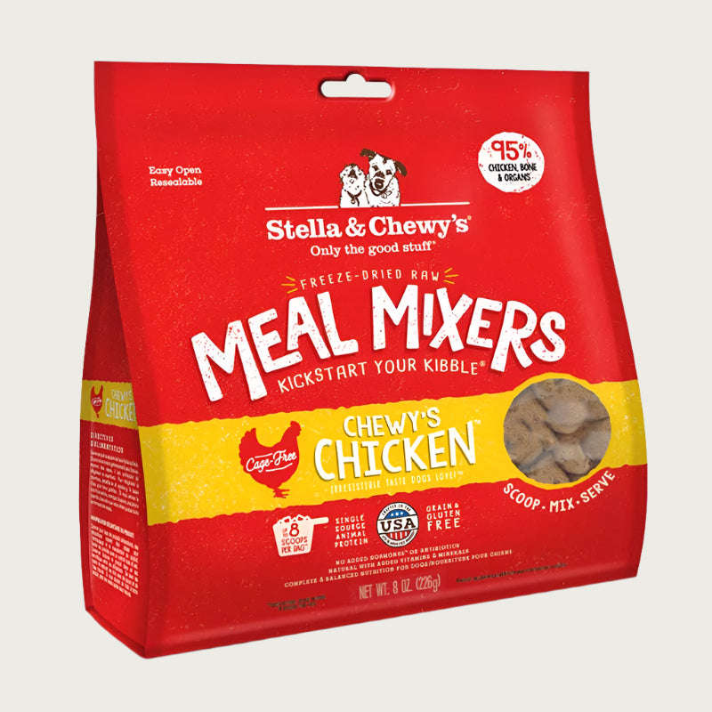 8 oz red bag of Stella & Chewy's "Only the good stuff" Freeze-Dried Raw Meal Mixers "Kickstart Your Kibble" Chewy's Chicken recipe for dogs. Additional text: 95% chicken, organs & bone, grain free, cage-free, single source animal protein.