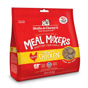 8 oz red bag of Stella & Chewy's "Only the good stuff" Freeze-Dried Raw Meal Mixers "Kickstart Your Kibble" Chewy's Chicken recipe for dogs. Additional text: 95% chicken, organs & bone, grain free, cage-free, single source animal protein.
